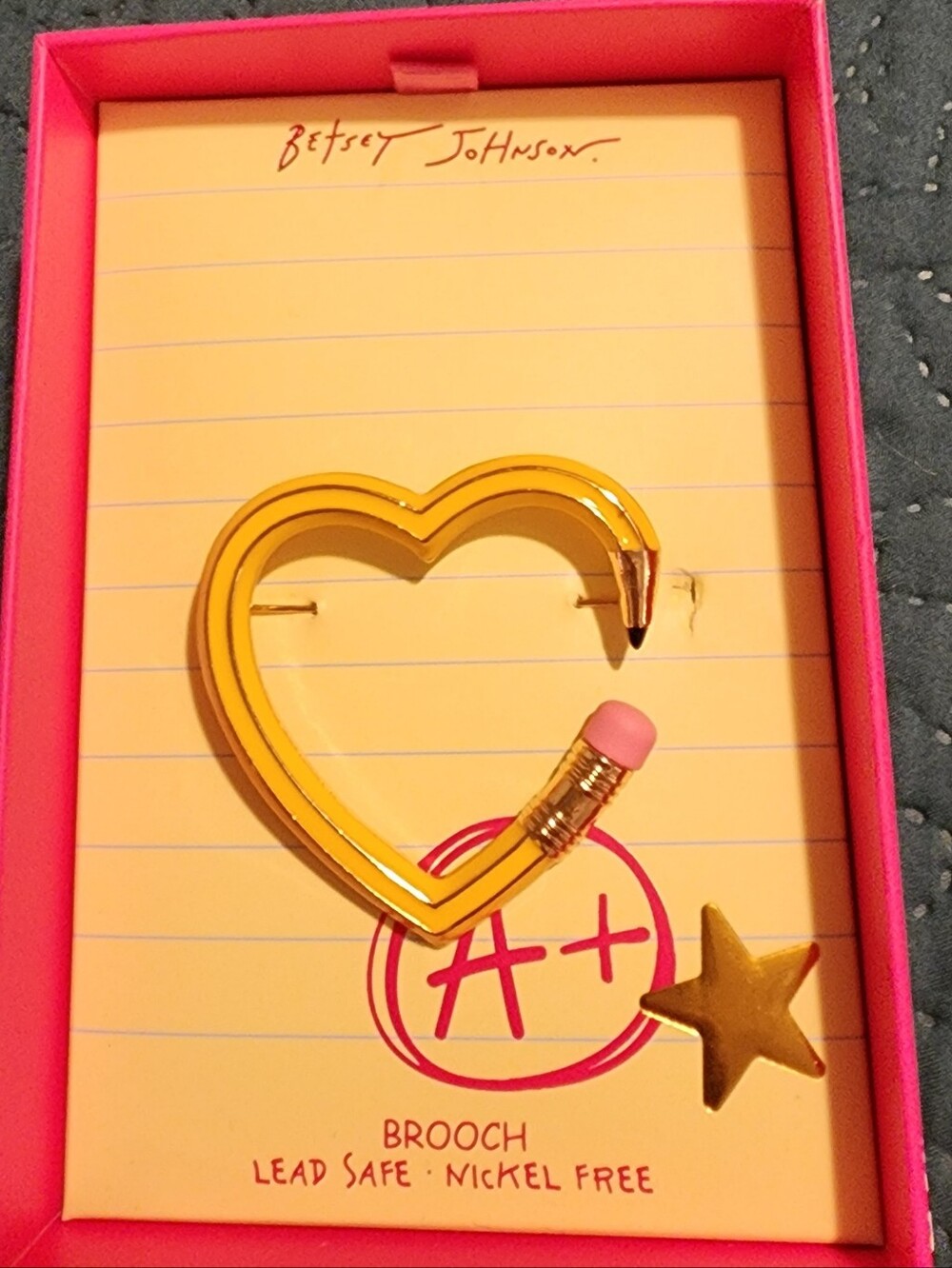 Betsey Johnson Yellow Heart Pencil Brooch with Pink Eraser